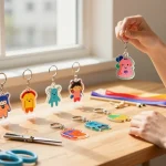 Colorful acrylic keychains showcased by a person in a warm, inviting setting.