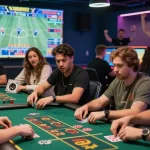 Exciting gambling experience at 181bet with players immersed in sports betting, casino games, and e-sports tournaments.