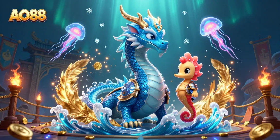 Join the excitement at AO88 casino, featuring an azure water dragon and vibrant jellyfish in a lively 3D scene.