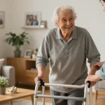Buy nobility aids for seniors, showing an elderly person happily using a walker at home.