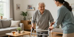 Buy nobility aids for seniors, showing an elderly person happily using a walker at home.