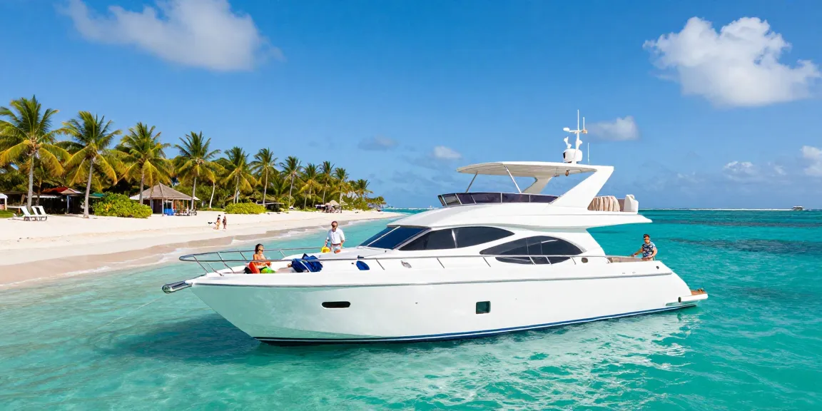 Luxury yacht rental Punta Cana with guests enjoying the sun on a beautiful beach day.