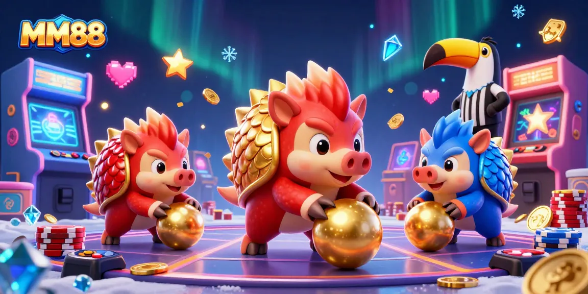 MM88 pangolins compete in a vibrant casino-themed digital illustration with poker chips and arcade machines.