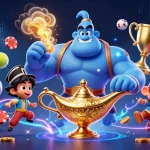 Win big at ee881 with a vibrant casino-themed digital illustration featuring a genie and gaming elements.