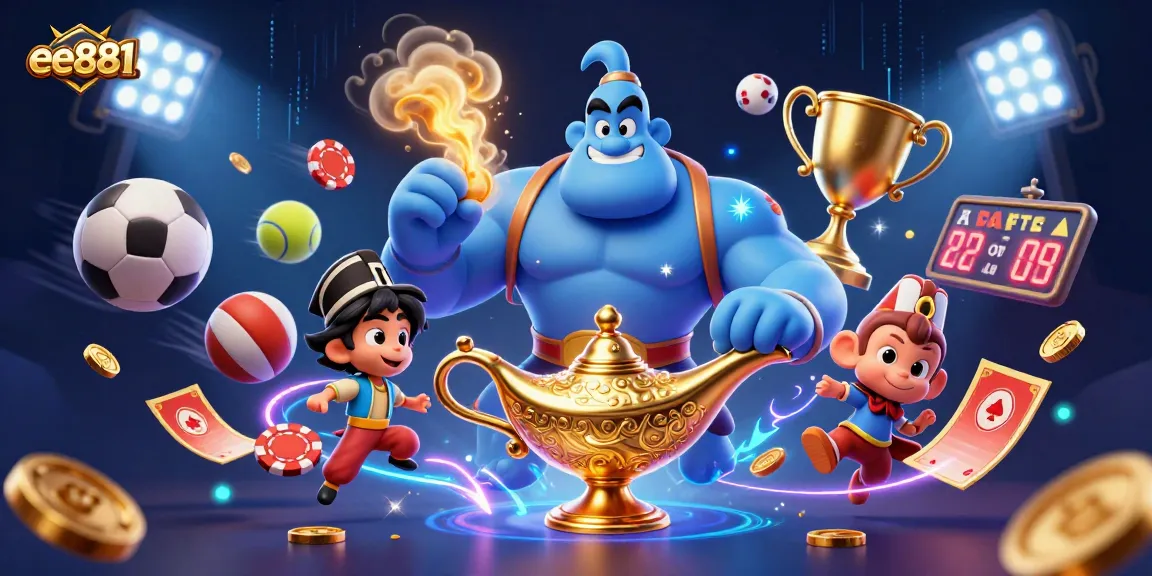 Win big at ee881 with a vibrant casino-themed digital illustration featuring a genie and gaming elements.