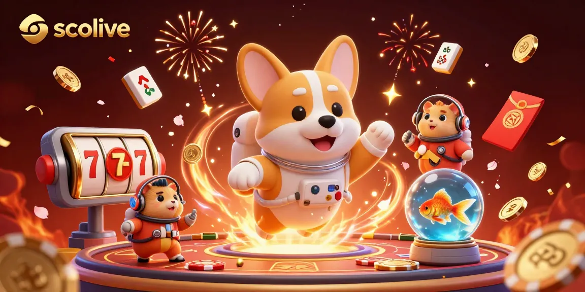 Socolive enhances excitement with a 3D astronaut corgi amidst casino chaos and colorful slot games.