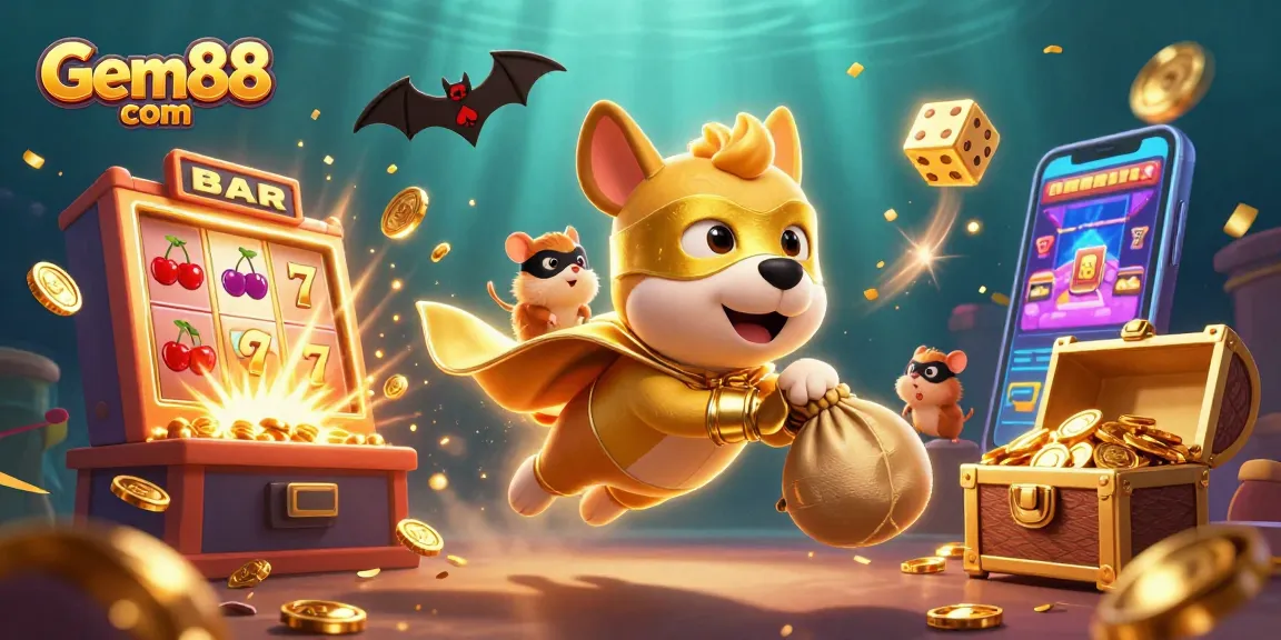 Experience the thrill of Gem88 com with a 3D superhero dog amid bursting jackpots and exciting casino gaming elements.