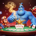 Engage with thrilling gameplay at RED88, showcasing vibrant casino elements with a dynamic genie and poker setting.