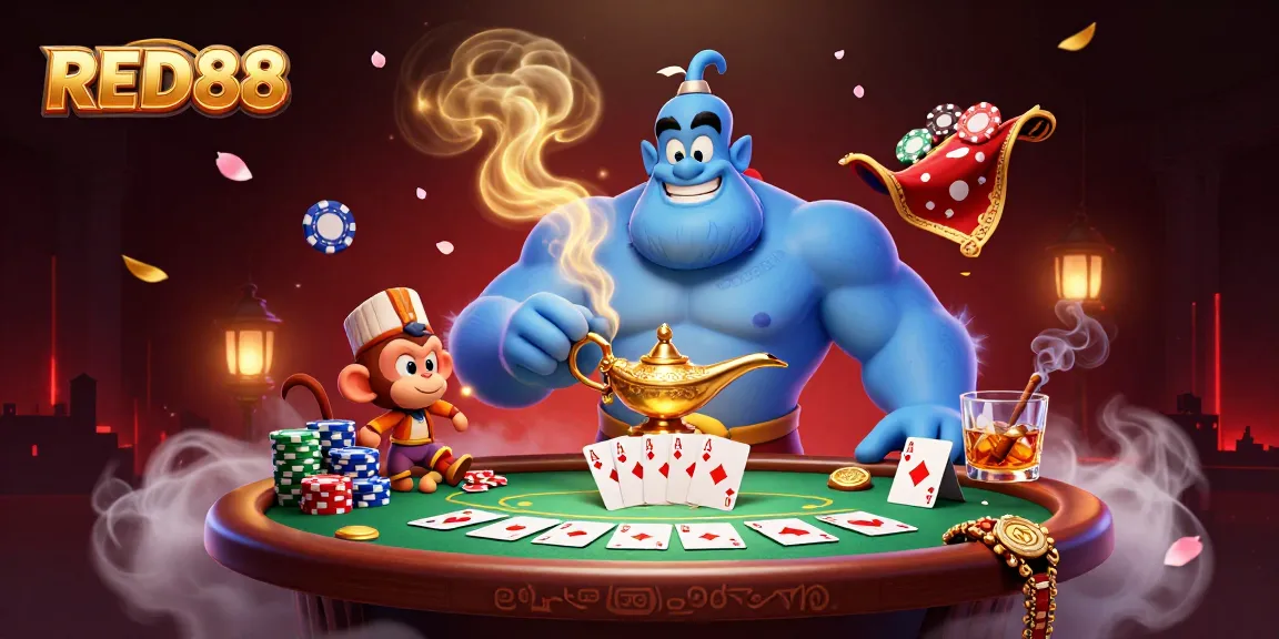Engage with thrilling gameplay at RED88, showcasing vibrant casino elements with a dynamic genie and poker setting.