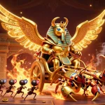 Xoilac enhances your betting experience with a vibrant illustration of a golden scarab and scorpions at a gambling arena.
