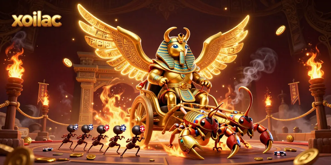Xoilac enhances your betting experience with a vibrant illustration of a golden scarab and scorpions at a gambling arena.