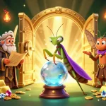 Engage with 66b's thrilling fortune-telling scene showcasing a mystical praying mantis and moth librarian amidst treasures.