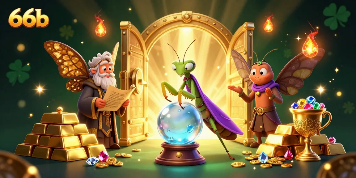 Engage with 66b's thrilling fortune-telling scene showcasing a mystical praying mantis and moth librarian amidst treasures.