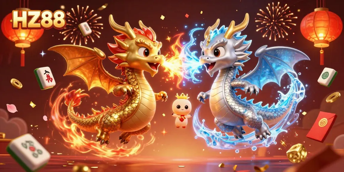 Experience thrilling gameplay with HZ88 as twin dragons represent fire and ice in a vibrant casino scene.