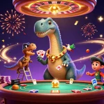 Engage in thrilling gameplay with 79king as you witness a colorful casino scene featuring a giant brontosaurus and a clever raptor.