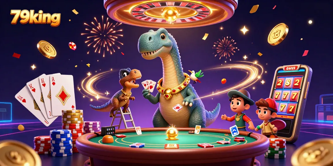 Engage in thrilling gameplay with 79king as you witness a colorful casino scene featuring a giant brontosaurus and a clever raptor.