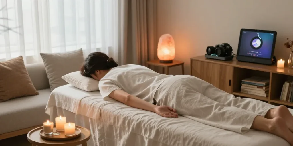 Relaxing 김포출장마사지 experience in a cozy home setting with candles and soft lighting.