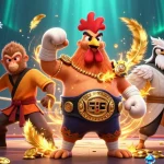 Engage with Sunwin's vibrant casino scene featuring a Muay Thai rooster and Shaolin monkey.