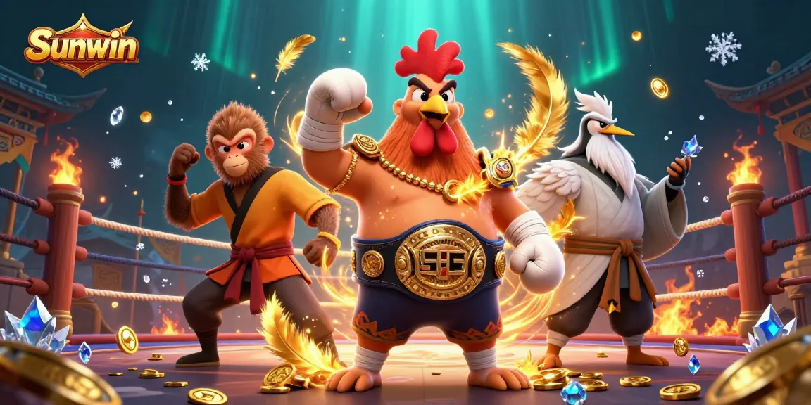 Engage with Sunwin's vibrant casino scene featuring a Muay Thai rooster and Shaolin monkey.