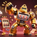 Engage with sunwin's vibrant 3D casino scene featuring a golden gorilla mech amid dynamic sports elements.