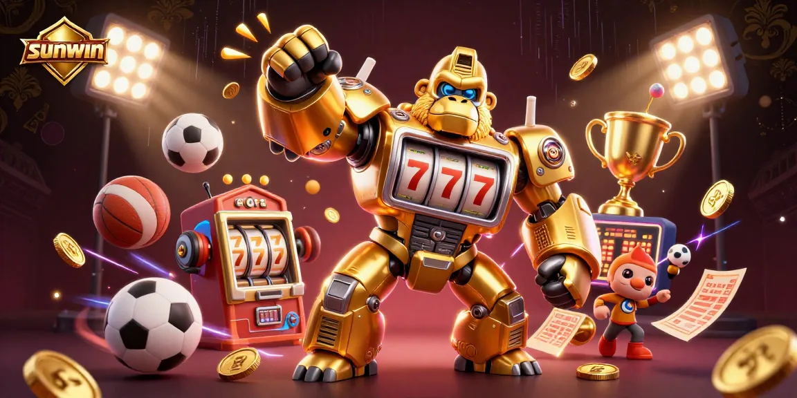 Engage with sunwin's vibrant 3D casino scene featuring a golden gorilla mech amid dynamic sports elements.