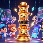 Engage with the BK8 official site in this vibrant neon 3D casino scene featuring a golden totem pole and cryptocurrency elements.