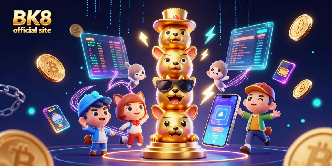 Engage with the BK8 official site in this vibrant neon 3D casino scene featuring a golden totem pole and cryptocurrency elements.