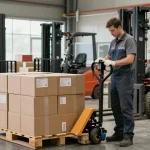 Manual pallet truck with scale for sale in action, weighing products in a busy warehouse.