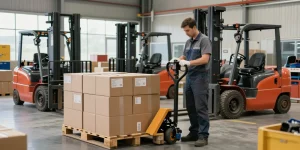 Manual pallet truck with scale for sale in action, weighing products in a busy warehouse.