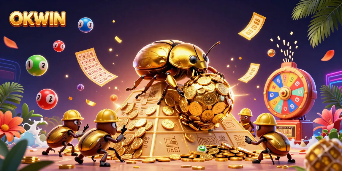 Engage with OKWIN's vibrant lottery scene featuring golden coins, spinning wheels, and festive decorations.